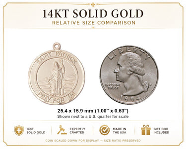 Colgante de oro macizo de 14 quilates con medalla mediana de San Patricio | 2,54 cm x 1,59 cm | Hecho a mano en EE. UU. por Bliss