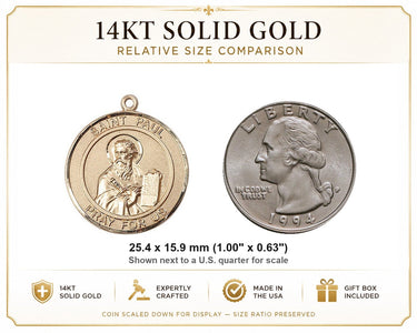 14kt Solid Gold Medium St. Paul the Apostle Patron Saint Medal Pendant | 1 x 5/8 Inch | Handcrafted in USA by Bliss