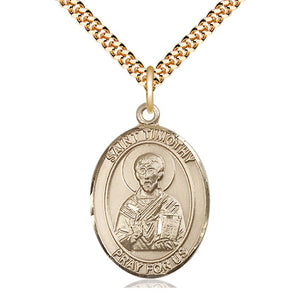 Collar con Medalla de San Timoteo (Patrón) de Oro de 14kt Relleno Mediano | 1 x 3/4 | Cadena de 24