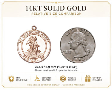 14kt Solid Gold Medium Guardian Angel Medal Pendant | 1" x 5/8" | Handcrafted in USA by Bliss