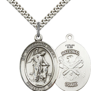 Collar de Medalla de Ángel Guardián de Plata de Ley Mediana de la Guardia Nacional | 2.5 cm x 1.9 cm | Cadena de 60 cm | Hecho en EE. UU. por Bliss