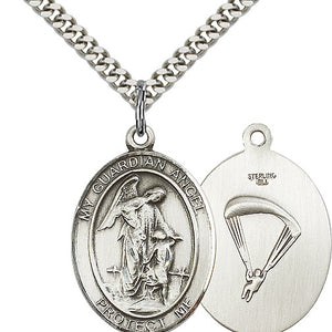 Collar de plata de ley con medalla de ángel guardián mediana y paracaidista | 2,54 cm x 1,91 cm | Cadena de 61 cm | Fabricado en EE. UU. por Bliss