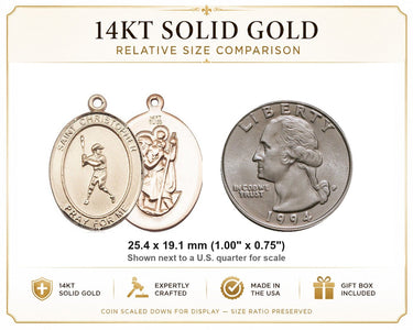 Colgante de oro macizo de 14 quilates con la medalla de San Cristóbal y una pelota de béisbol, tamaño mediano | 2,54 cm x 1,91 cm | Hecho a mano en EE. UU. por Bliss