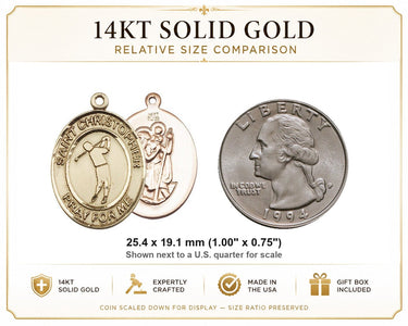Colgante de Medalla de San Cristóbal Mediana de Oro Sólido de 14kt | 1" x 3/4" | Patrono del Golf | Hecho en EE. UU. por Bliss