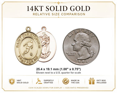 Medalla Colgante de Fútbol de San Cristóbal Mediana de Oro Sólido de 14kt | 1" x 3/4" | Hecho en EE. UU. por Bliss