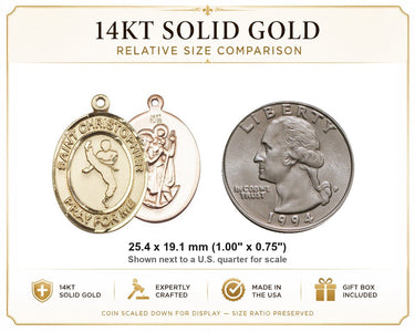 14kt Solid Gold Medium St. Christopher Patron Saint Medal Pendant | 1"x3/4" | Handcrafted in USA by Bliss
