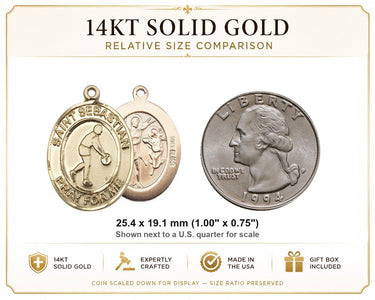 14kt Solid Gold Medium St. Sebastian Basketball Medal | 1" x 3/4" Pendant | USA Made by Bliss
