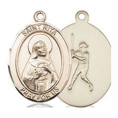 14kt Solid Gold St. Rita Baseball Medal Pendant - 1x3/4 inch by Bliss Manufacturing