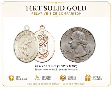 Medalla de oro macizo de 14 quilates de San Cristóbal, patrón | Motivo de surf de 2,54 cm x 1,90 cm | Hecho a mano en EE. UU. por Bliss