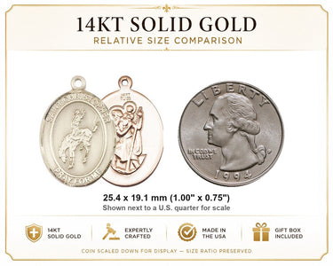 Colgante medalla de oro macizo de 14 kt, modelo mediano de San Cristóbal de Rodeo | 2,5 cm x 1,9 cm | Hecho en EE. UU. por Bliss