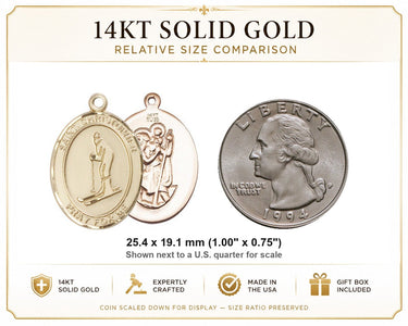 Colgante de medalla mediana de esquí de San Cristóbal de oro macizo de 14 kt | 2.54 cm x 1.90 cm | Fabricado en EE. UU. por Bliss