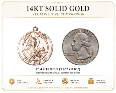 Colgante medalla católica mediana de Santa Teresa de Lisieux de oro macizo de 14 quilates | 1 x 5/8" | Hecho a mano en EE. UU. por Bliss