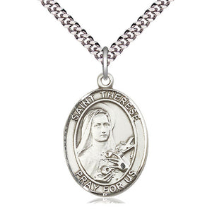 Collar de plata de ley con medalla de Santa Teresita de Lisieux, patrona, mediana | 2,5 cm x 1,9 cm | Cadena de 61 cm | Fabricado en EE. UU. por Bliss