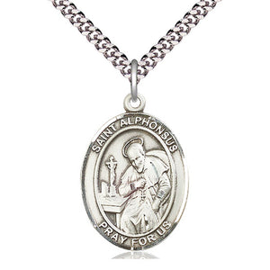 Collar de Medalla de San Alfonso de Plata Esterlina Mediana | 2.54 cm x 1.91 cm | Cadena de 61 cm | Hecho en EE. UU. por Bliss