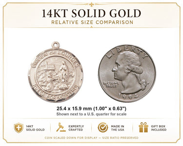 Colgante Medalla Virgen de Lourdes Mediana de Oro Sólido de 14kt | 1 x 5/8 | Hecho a mano en EE. UU. por Bliss