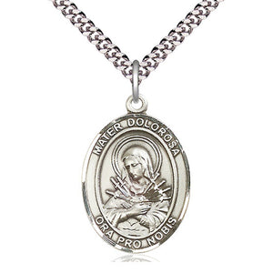 Collar de Medalla de Plata Esterlina de la Mater Dolorosa Mediana | 2.54 cm x 1.91 cm | Cadena de 60.96 cm | Hecho en EE. UU. por Bliss