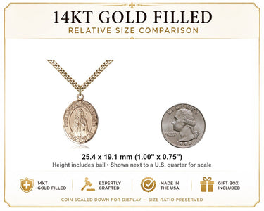 Collar de 14kt oro laminado mediano de Nuestra Señora Rosa Mística | 2.54 cm x 1.905 cm | Cadena de 60.96 cm | Hecho en EE. UU. por Bliss