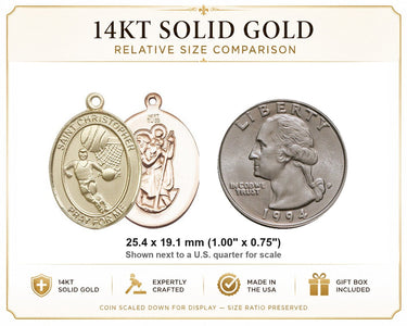 Colgante de medalla de baloncesto de San Cristóbal de oro macizo de 14 quilates, tamaño mediano | 2,54 cm x 1,9 cm | Fabricado en EE. UU. por Bliss