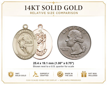 Medalla de hockey de San Cristóbal de oro macizo de 14 kt, 2.5 x 1.9 cm | Hecho en EE. UU. por Bliss