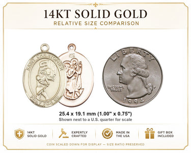 Colgante de medalla de sóftbol de oro macizo de 14 kt, diseño de San Cristóbal, tamaño mediano | 2,5 x 1,9 cm | Fabricado en EE. UU. por Bliss