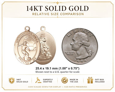 14kt Solid Gold Medium Guardian Angel Soccer Medal Pendant | 1"x3/4" | Handcrafted in USA by Bliss