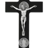 9 inch black wood St Benedict wall crucifix with silver pewter corpus and protective medals deluxe gift box