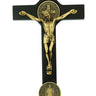 8 inch black wood standing St Benedict crucifix with golden corpus handcrafted by RosaryCard Catholic altar decor