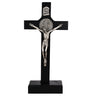 8 inch black wood St Benedict standing crucifix with silver tone corpus and medal for Catholic spiritual protection