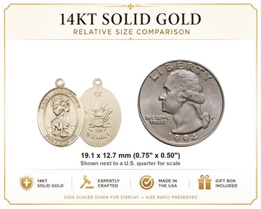 Colgante Medalla de la Marina de San Cristóbal Mediana de Oro Macizo de 14kt | 1,9 x 1,3 cm | Fabricado en EE. UU. por Bliss