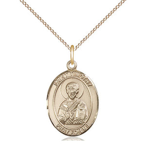 Collar de medalla de San Timoteo mediana de oro de 14 quilates laminado | 3/4 x 1/2 | Cadena de 18