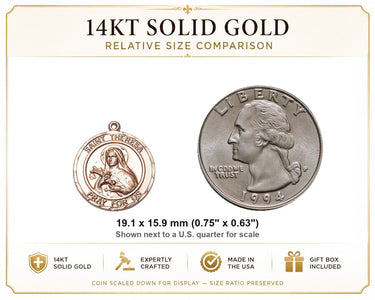 14kt Solid Gold Medium St. Theresa Medal Pendant | 3/4" x 5/8" | Handcrafted in USA by Bliss