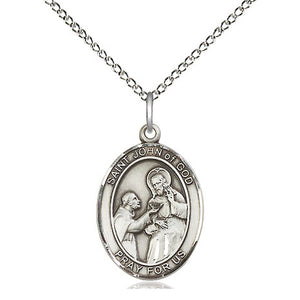 Collar con medalla de plata de ley mediana de San Juan de Dios, patrón | 1.9 cm x 1.27 cm | Cadena de eslabones de 45.72 cm | Fabricado en EE. UU. por Bliss