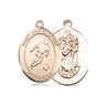 14kt solid gold St. Christopher soccer medal pendant, 3/4 inch by 1/2 inch, handcrafted by Bliss Manufacturing USA