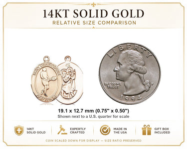 Colgante de medalla de tenis San Cristóbal mediano de oro macizo de 14 quilates | 3/4" x 1/2" | Hecho a mano en EE. UU. por Bliss