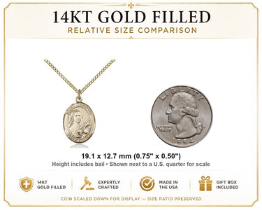 Medalla de oro de 14kt laminado, mediana, de Santa Teresa de Lisieux, patrona de las m misiones | 1,9 cm x 1,27 cm | Cadena de 45,72 cm | Bliss