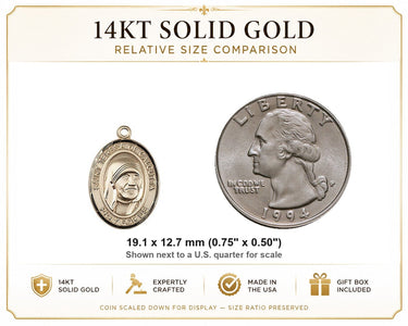 14kt Solid Gold Medium Blessed Teresa of Calcutta Patron Saint Medal Pendant | 3/4" x 1/2" | Handcrafted in USA by Bliss