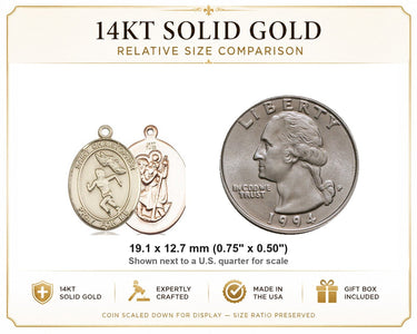 Colgante de medalla de atletismo de San Cristóbal macizo de oro de 14 quilates mediano | 1,9 cm x 1,3 cm | Fabricado en EE. UU. por Bliss