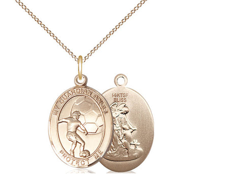 14kt Gold Filled Guardian Angel Soccer Medal Necklace 3/4 x 1/2 inches with 18 inch chain by Bliss
