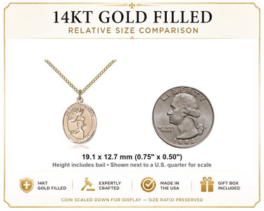 14kt Gold Filled Medium Guardian Angel Track & Field Men Necklace | 3/4" x 1/2" Medal | 18" Chain | USA Made by Bliss