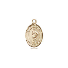 14kt solid gold small St. Florian patron saint medal pendant, half inch by quarter inch, handcrafted in USA by Bliss Manufacturing for firefighters
