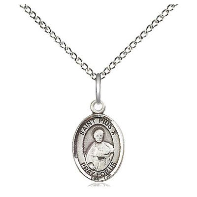 Sterling Silver Small St. Pius X Patron Saint Medal Necklace | 1/2" x 1/4" | 18" Chain | USA Made by Bliss