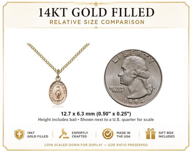 Medalla católica pequeña de la Virgen del Globo bañada en oro de 14 quilates | 1/2" x 1/4" | Cadena de 18" | Hecho en EE. UU. por Bliss