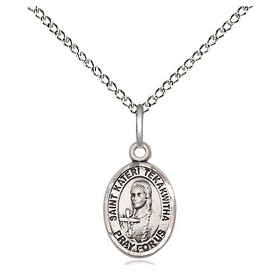 Sterling Silver Small St. Kateri Tekakwitha Patron Saint Medal Necklace | 1/2" x 1/4" | 18" Chain | USA Made