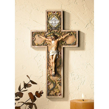 10 inch Italian resin Holy Spirit wall crucifix with floral ornaments and dove Catholic home decor