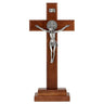 13 inch cherry wood standing table crucifix with Italian silver corpus and pewter St Benedict medals handcrafted