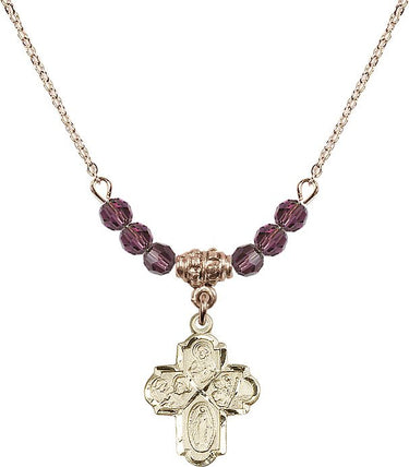 Four Way Medal Birthstone Necklace | 3/4 inch | 4mm Beads