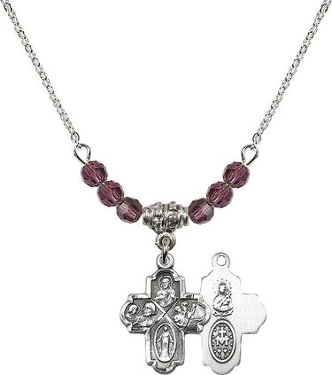 Four Way Medal Birthstone Necklace | 3/4 inch | 4mm Beads
