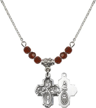 Four Way Medal Birthstone Necklace | 3/4 inch | 4mm Beads