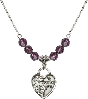 Guardian Angel Heart Birthstone Necklace | 3/4 inch | 6mm Beads