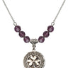 Shamrock w/ Celtic Border Birthstone Necklace | 3/4 inch | 6mm Beads  Amethyst Sterling Silver